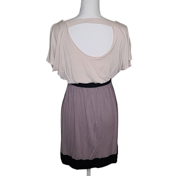 Women's Dress Knee Length LUSH Color Block Gray Cream Black Short Sleeves - Picture 2 of 7